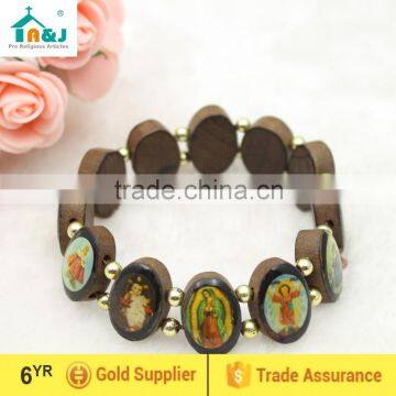 Holy Catholic Saint Picture Wood Bead Rosary Bracelet