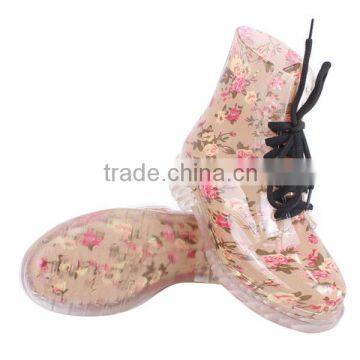 Floral Woman Lace up Martin Boots PVC Low Heel Ankle Rain Boots photo-3