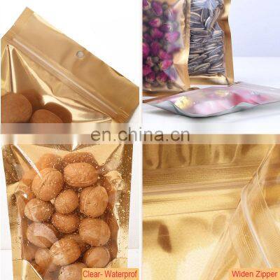 Gold Mylar Zipper Lock Resealable Bag Smell Proof Food Storage Metallic Foil Airtight Front Clear Plastic Candy Packaging Pouch photo-3
