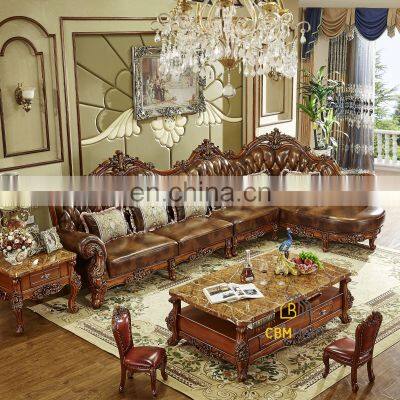 European luxury solid wood lounge couch furniture leather living room sofas set with chaise