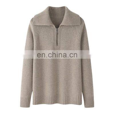 100% Pure Cashmere Pullover England Style Quarter Zip Turn down Collar Casual Winter Sweater with Front Logo Solid Pattern