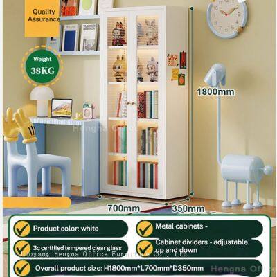 Child-Safe Storage Cabinet with Rounded Edges & Anti-Toppling Device, Colorful Arched Kids Bookcase with Tempered Glass Doors-ODM/OEM