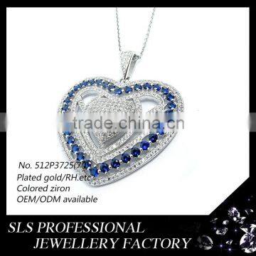 Heart necklace of delicate workmanship with blue zircon double heart necklace latest model fashion necklace 2015