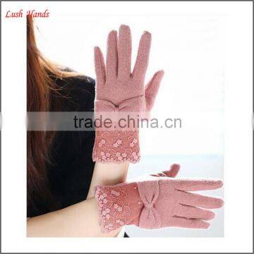 girls fashion sweet warm woolen gloves fashion wool lace gloves with bow