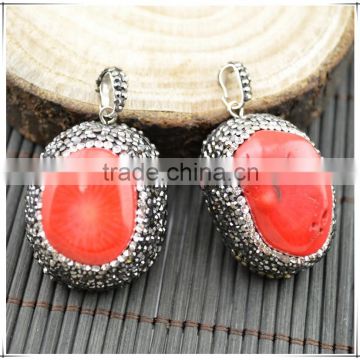 LFD-0011P ~ Druzy Red Coral Stone Pave Rhinestone Pendants For Necklace Jewelry Finding