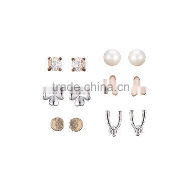 Enamel Faux Pearl Pink Flower Wishbone White Rhinestone Prong Stud Earring Pack