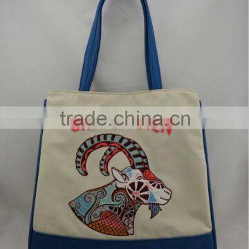 Applique embroidered canvas capricorn tote bag