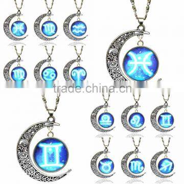 Glass Gemstone Zodiac Sign Pendant Chain Necklace Womens Jewelry