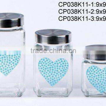 3pcs square glass jar with printing with s/s lid (CP038K11)