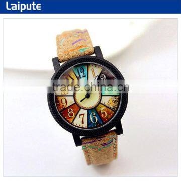 Unisex vintage numeral wood grain style leather wristwatch with colorful dial