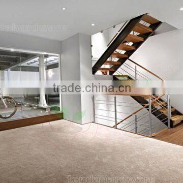 U shape stairs double beam steel support staircase with wood treads and rod railings stair