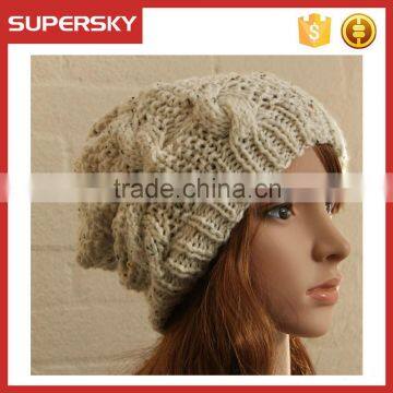 V-23 cable pattern winter flecked chunky slouchy women beanie hat winter women cable pattern beanie