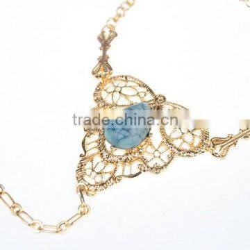 Womens Gold Slave Chain Finger Ring Bangle Hand Harness Bracelet Turquoise Beads photo-5