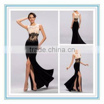 2015 New Delicate Sexy Velvet Formal Party Dress Applique See-through Back Mermaid High Thigh Slit Evening Dress (DVED-1114)