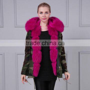 Hot Pink Thick Part Fox Fur Trimmed Luxury Ladies Fashion Short Parka