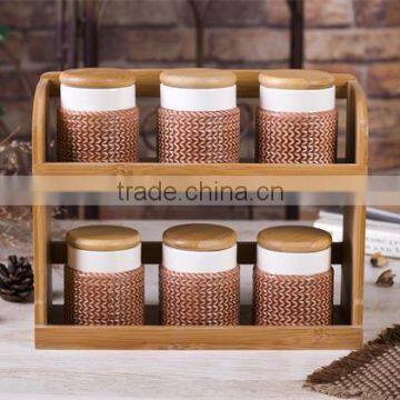 Ceramic 6 PCs Knit Embossed Jars Set with Bamboo Lid and Stand