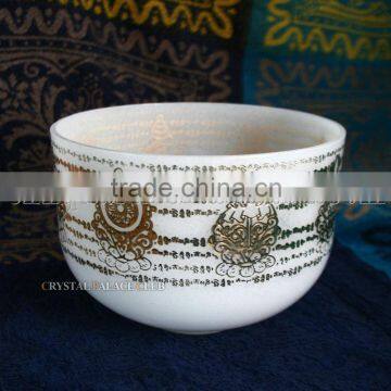 frosted quartz crystal singing bowls with design and musical note