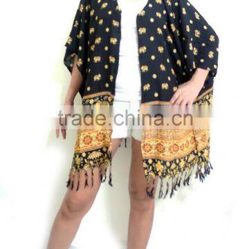 Vintage Retro HIPPIE BOHO Tie Dye Festival Music Beach Fringe Shirt Tunic Tent Kaftan Cover up Cardigan Plus Elephant Print photo-3