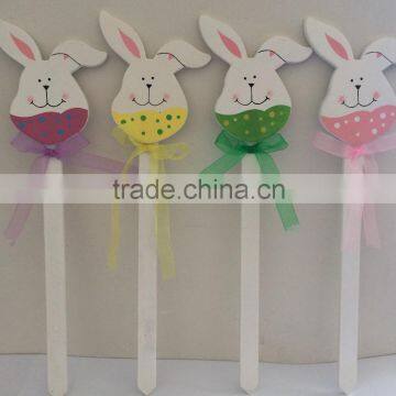 Wood easter deco Wooden rabbit with ribbon stick decoration , beautiful garden rabbit yard stake