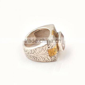 Hand Carved Two Tone 925 Silver Brass Ring With Rose Quartz