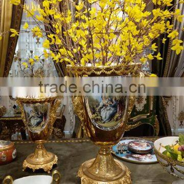 European Character Design Decorative Porcelain Flower Vase With Bronze Side Handles, Enamel Ceramic and Brass Golden Vase