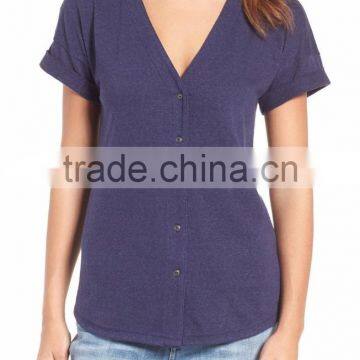 OEM baseball knit women v neck tshirts with rolled sleeves