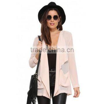 Woman Korean style fashion beige color long sleeve military chiffon blazer