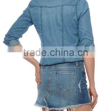 2017 High Quality Jean Shirt Long Sleeve Button Front Denim Top photo-3