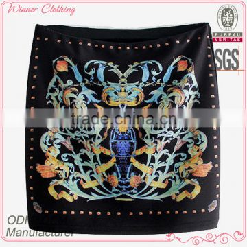 Hot selling ladies high quality pencil polyester printed shiny mini skirt