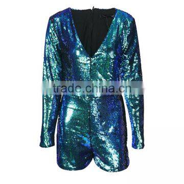 HAODUOYI Blue Sequin Plunge Neck Long Sleeve Evening Party Bodysuit for Wholesale With Low Price photo-2