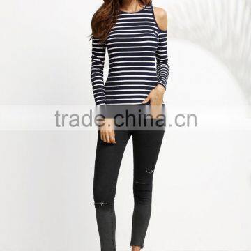 APPAREL Navy Striped Open Shoulder Ribbed T-shirt photo-3
