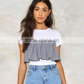 Mixed Fabric & Cotton Women Short Sleeve T-Shirts Different Size for Choice & False Two Piece Patchwork Plaid Black 85844 photo-3