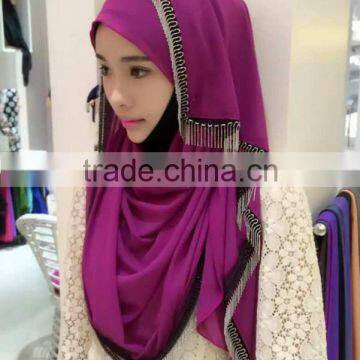 Muslim Burst Head Scarf Pearl Chiffon Tassel Long Towel Hui Female Scarf Hooded Quick Sell Through photo-2