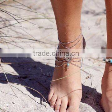 Silver Tone Multi Layers Tassel Foot Chain Hollow Out Turquoise Beaded Anklet