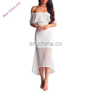 White Sheer Mesh Patchwork Short Sleeve Striped Stylish Overlay Slinky Evening Dresses