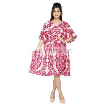 Indian 100%Cotton Hand Block Women's Wear Maxi Dress Kimono Sleeves Knee Length Kaftan