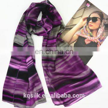 Stock lot 100 silk long style of length stripe purple paj screen printing silk habotai scarf