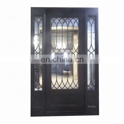 Contemporary main entrance tempered glass black color handcraft grills styles wrought iron exterior single door with sidelights