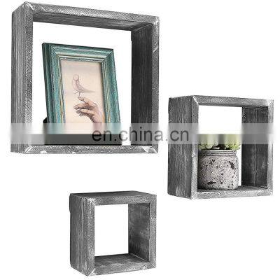 Barnwood Gray Wall Mounted Wood Shadow Boxes, Square Floating Display Shelves, Set of 3