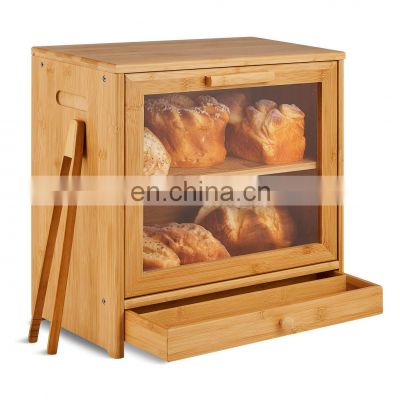 Bamboo Bread Box for Kitchen Counter 2 Adjustable Layer Wooden Bread Bin with Acrylic Glass Window and Storage Drawer