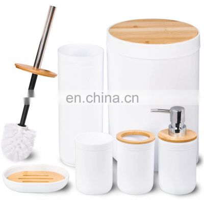 Modern European Style Household 6 Pieces Bamboo Lid Plastic Bathroom Sets Luxury Bathroom Accessories for Hotels