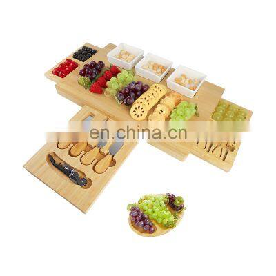 Bamboo Cheese Board Wooden Three Ceramic Bowls Three Magnet Drawers Serving Platter Cutlery Server Knife Set photo-5