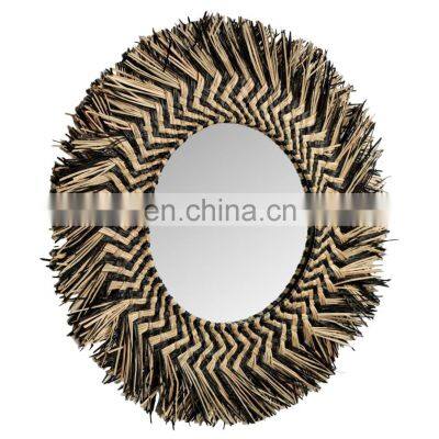 Handwoven Black & Natural Round Seagrass Wall Mirror Bohemian Art Decor Manufacturer Vietnam Cheap Wholesale