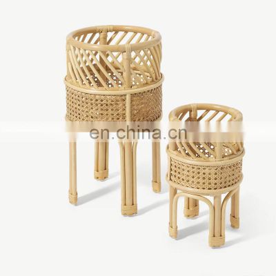 New Design Set of 2 Planter Stands, Natural Rattan Unique Wicker Flower Pot Holder Basket Wholesale