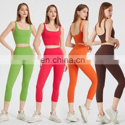 Custom Logo Sexy U Back Sports Bra High Waist Capries Two Piece Gym Fitness Yoga Suit Set Workout Wear Sports Clothes For Women