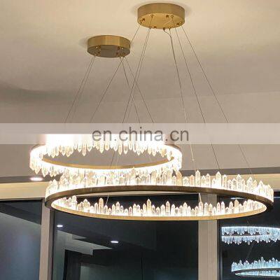 Modern living room large and luxury gold round natural stone crystal rock chandelier