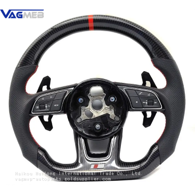 For Audi A4 B9 Black Carbon Fiber Perforated Leather Red Stitching Steering Wheel With S/RS Logo Accessories