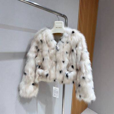 Haining fur small breast leopard fox fur coat women short style