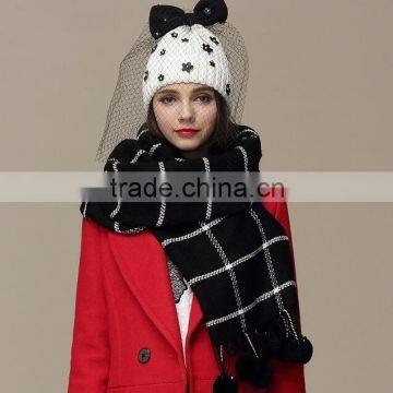 New Design Checked Plaid Acrylic Ball Fashion Ladies Winter Scarf