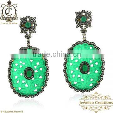 Green Onyx Gemstone Carving Earrings, Pave Fashion Jewelry, 925 Sterling Silver Diamond Earrings, Carving Jewelry Manufacturer